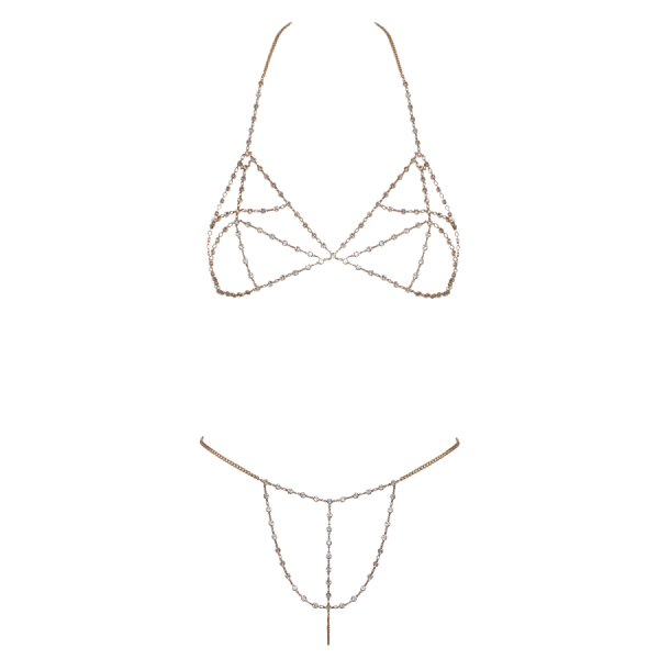 Soutien-gorge et string bijoux en chaînettes dorées et strass irisés 